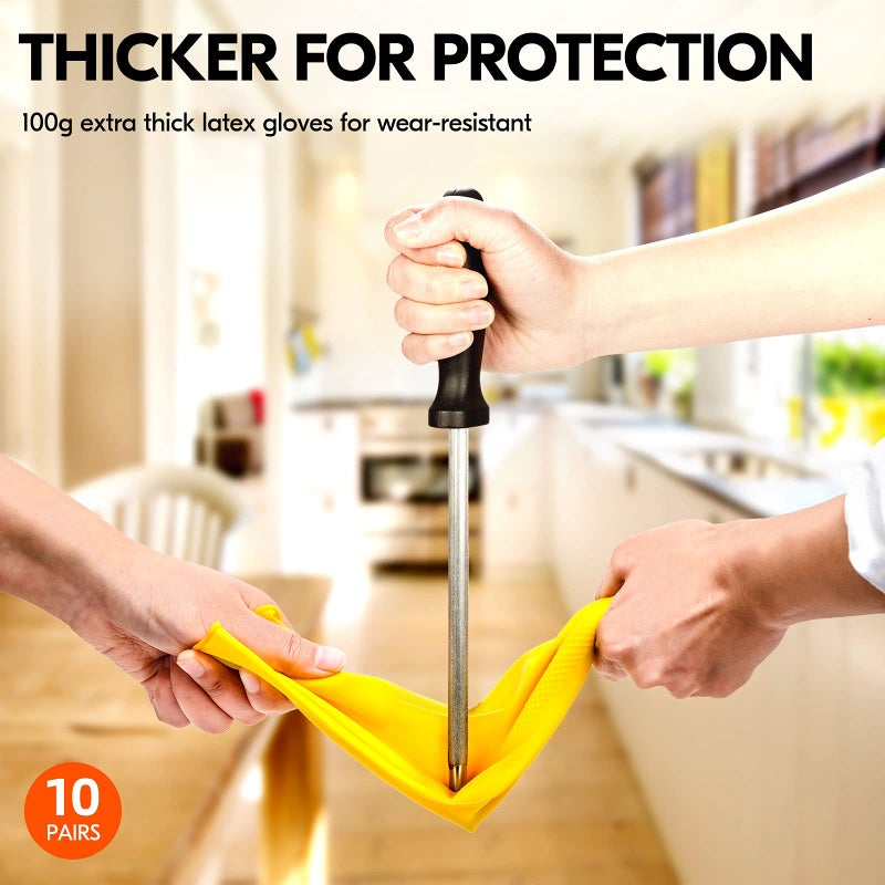 Vgo... 10-Pairs Reusable Household Gloves, Rubber Dishwashing gloves, Extra Thickness, Long Sleeves, Kitchen Cleaning, Working, Painting, Gardening, Pet Care (Size XL, Yellow, HH4601) - Image 3